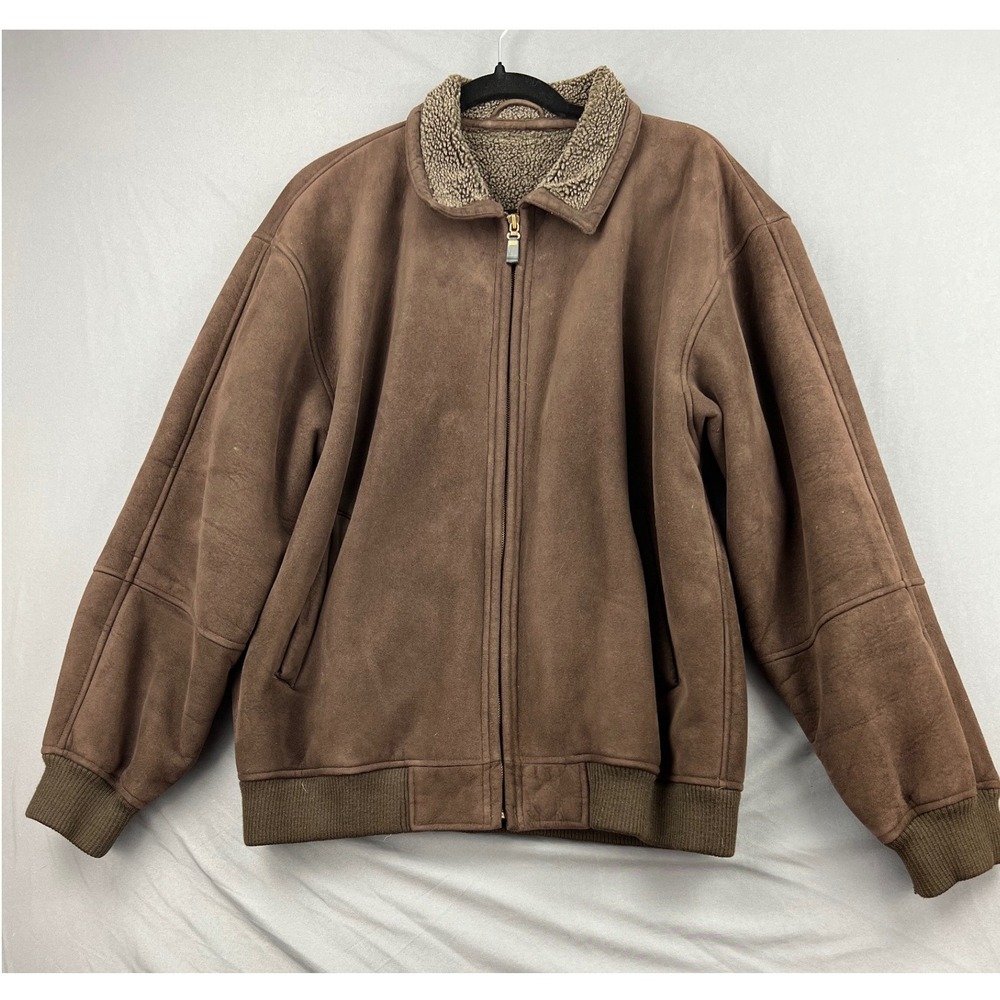 Aberdeen Collection Jacket Mens Large Bomber Faux Suede Sherpa Brown L Good